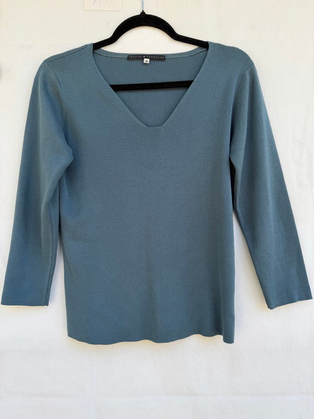 Peruvian Connection Blue 100% Pima Cotton V-Neck Knit Sweater Top Medium